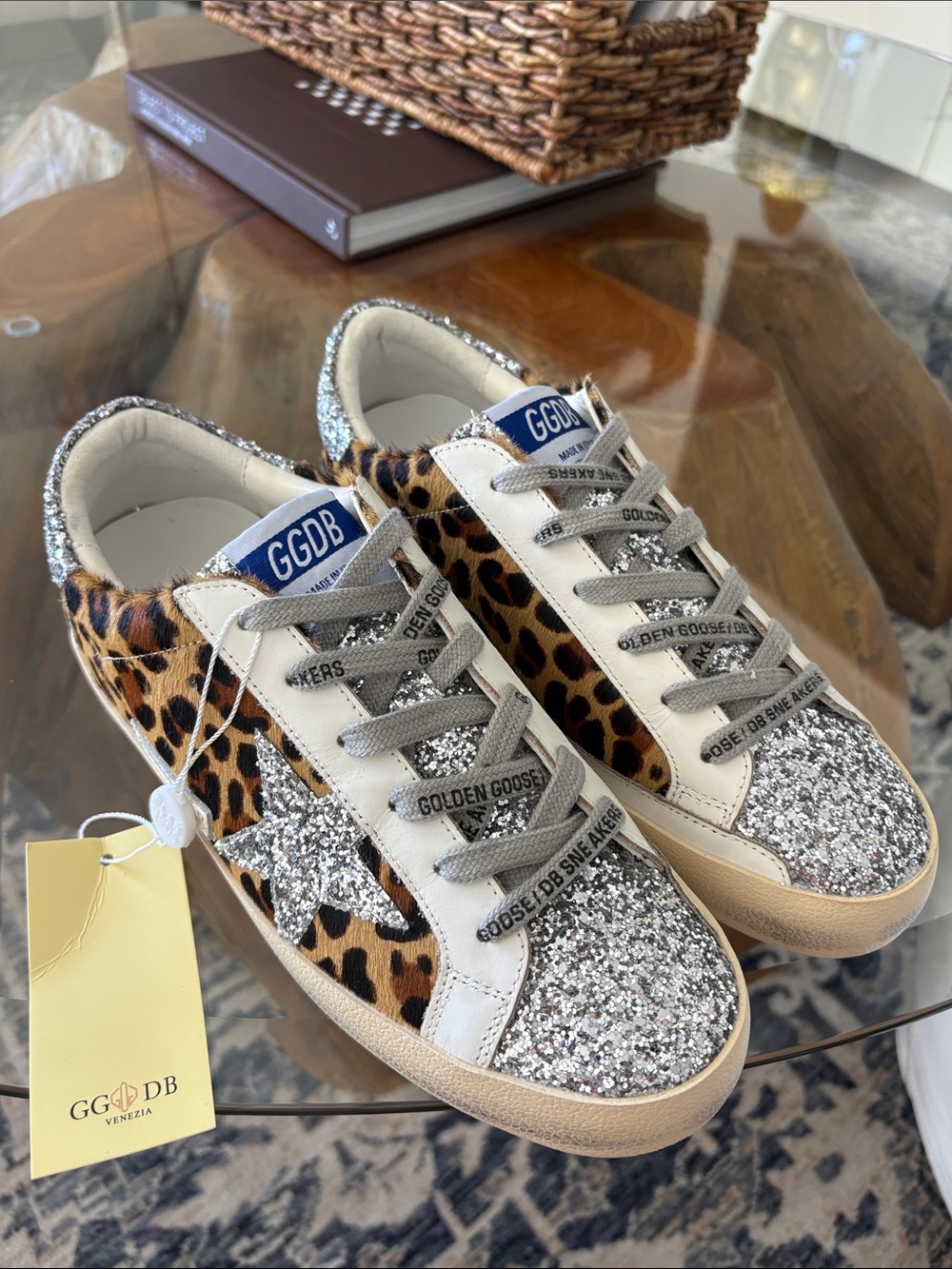 Golden Goose Leopard Print Sneakers with Silver Glitter